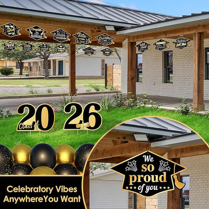 16 Pieces 2026 Graduation Yard Signs Plastic Congrats Grad Decor with 32 Stake and Ribbon Graduate Cap Hanging Yard Sign for Party Outdoor Lawn Pathway Walkway Decorations(Black and Gold)
