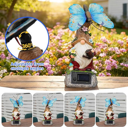 WSgift Garden Gnome Statues Solar-Powered Butterfly Resin Figurine Waterproof Outdoor Decor Mother's Day Blue
