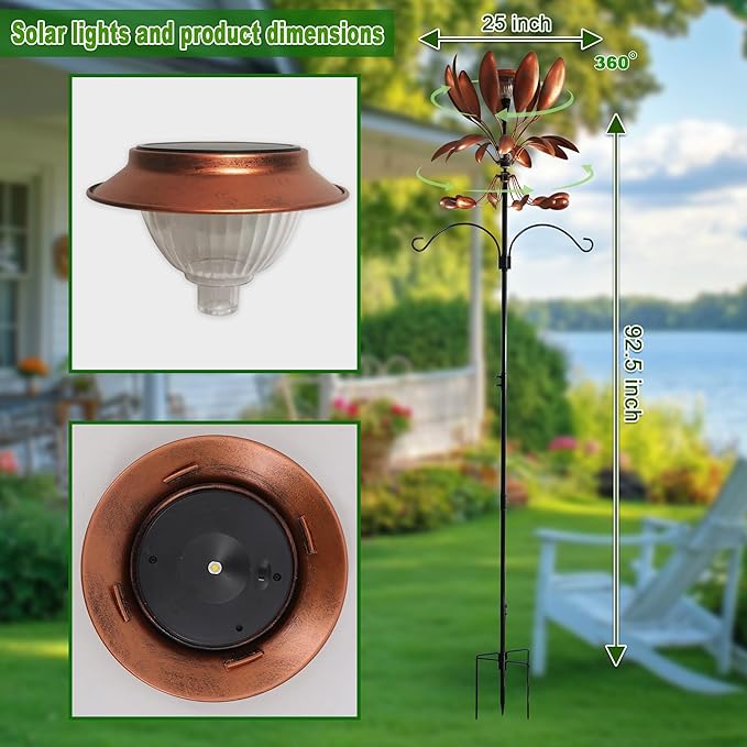 Yard Garden Wind Spinners - Large Outdoor Metal Wind Spinners with Stake, Yard Art Lawn Garden Decor Bronze-Colored Blade Rotator (25.5" W x 92.5" H)
