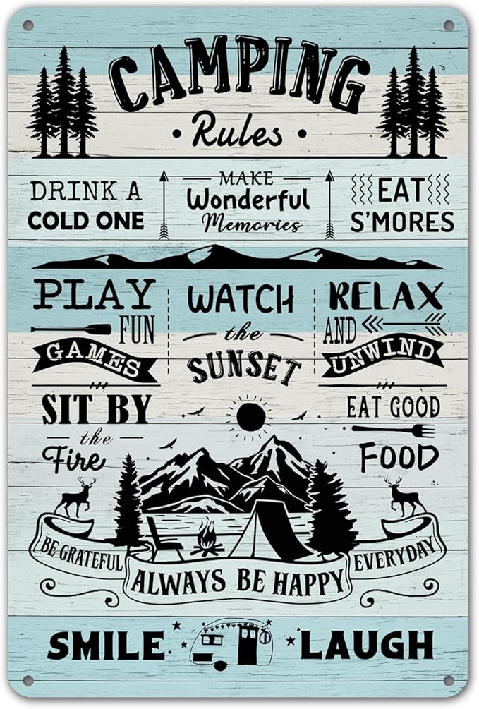 Camping Rules Metal Sign - Perfect RV and Camper Decor for Inside, Outdoor Camping Decorations, 12" * 8" (271)