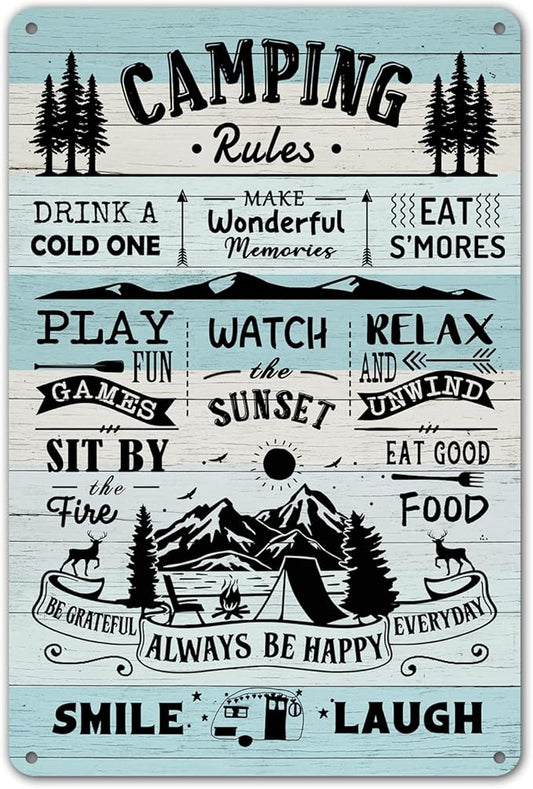 Camping Rules Metal Sign - Perfect RV and Camper Decor for Inside, Outdoor Camping Decorations, 12" * 8" (271)