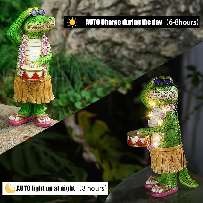 TOLIMI Hawaiian Alligator Garden Statue with LED Floral Garland - Fun Tropical Outdoor Decor, Resin Crocodile Figurine in Hula Skirt for Yard, Patio, or Home