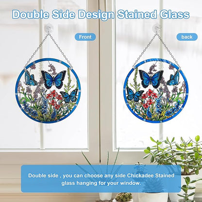 Butterfly Stained Glass Suncatcher, 8.6 inch Large Sun Catchers with Hook and Chain, Blue Butterfly Decorations Gifts for Women