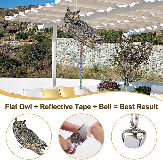 2PCS Hanging Flat Garden Owls with Reflective Tape Plastic Owl to Scare Pigeon for Outdoor Fake Owl to Keep Pigeon Away from Balcony House Window Patio Yard Front Porch Backyard