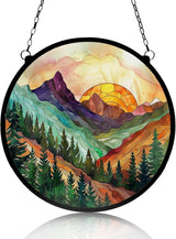 Mountain Range Stained Glass Window Ornaments, Painted Suncatchers, Patio Decor, Outdoor Garden Decor, Balcony Decor, Home Decor, Glass Art, 7.8 inch
