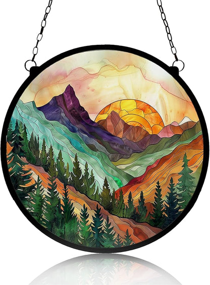 Mountain Range Stained Glass Window Ornaments, Painted Suncatchers, Patio Decor, Outdoor Garden Decor, Balcony Decor, Home Decor, Glass Art, 7.8 inch