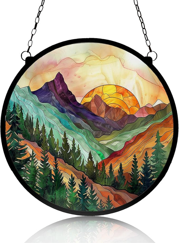 Mountain Range Stained Glass Window Ornaments, Painted Suncatchers, Patio Decor, Outdoor Garden Decor, Balcony Decor, Home Decor, Glass Art, 7.8 inch