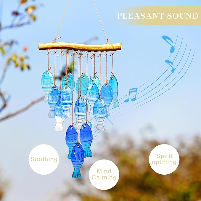H&D HYALINE & DORA 23" Blue Glass Sea Wind Chimes - Handcrafted Fish Wind Chimes for Outside, Beach Party & Wedding Decor
