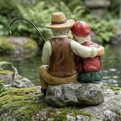 Elenon Golden Couple Garden Statue, 9" Decorative Fishing Long-Married Couple Statue Decor for Koi Pond Waterfalls, Adorable Flower Bed Outdoor Yard Patio Art Decorative Sculptures Table Ornament