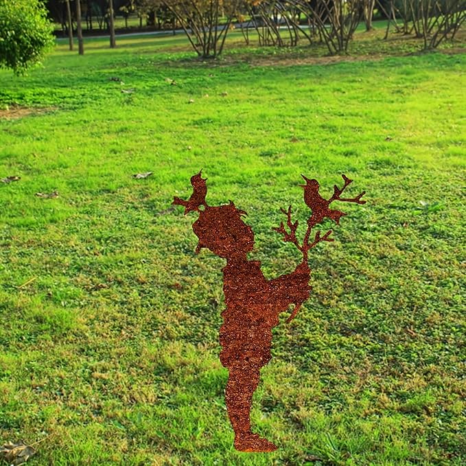 Metal Boy & Bird Garden Statue - Rustic Floor Standing Outdoor Decor for Lawn, Patio - Heartwarming Gift for Mother’s Day, Weddings(40cm/15.74in)
