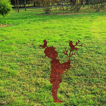 Metal Boy & Bird Garden Statue - Rustic Floor Standing Outdoor Decor for Lawn, Patio - Heartwarming Gift for Mother’s Day, Weddings(30cm/11.81in)