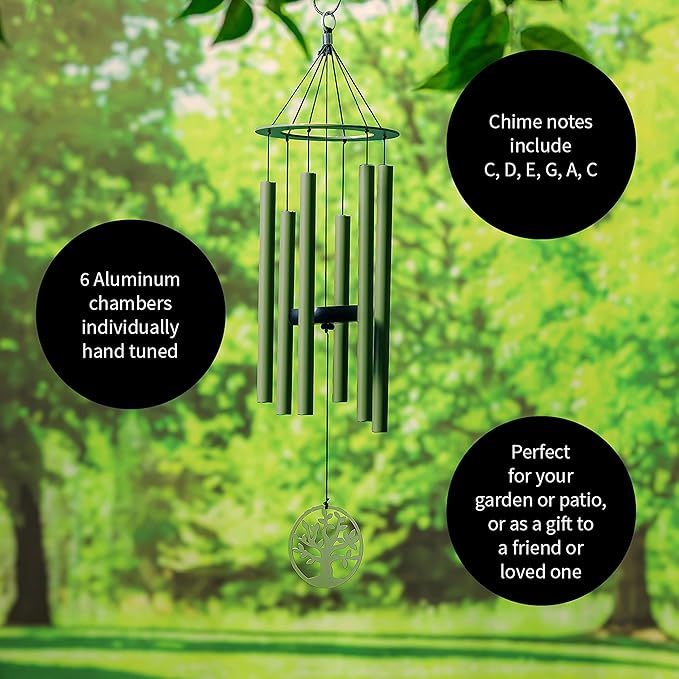 Evergreen Hand Tuned Tree of Life Wind Chime for Outside | Scale of C | Deep Tone | Powder-Coated Metal | Green | 27-Inches Tall | Memorial Gift for Home Garden Decoration