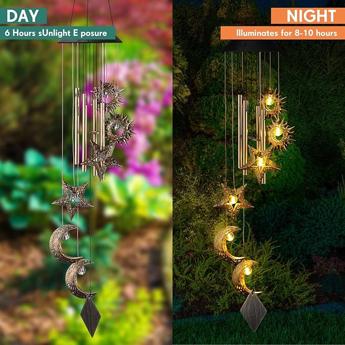 Colingmill Solar Wind Chimes for Outside Waterproof Hanging Wind Chimes Lights Outdoor Decor Yard Garden Gifts for Mother Mom Grandma Wife Neighbors(Sun Moon Star,Warm Colored Lights)