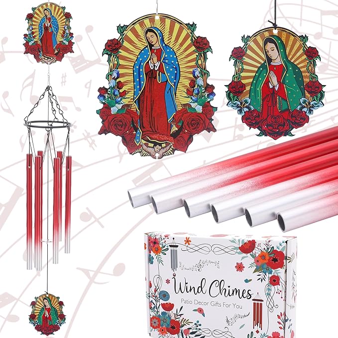 Wind Chimes for Outside - Metal Our Lady of Guadalupe Windchimes with Greeting Card Indoor Outdoor Patio Garden Yard Backyard Balcony Porch Hanging Decor Birthday Gift for Women Mom Grandma