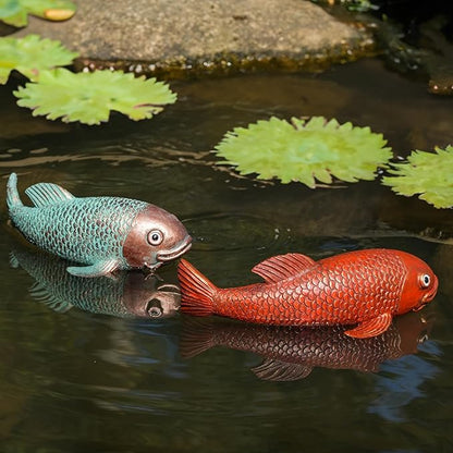 Teaeeno Antique Ceramic Koi Fish Garden Statues - Set of 2 | Exquisite Fish Sculptures for Outdoor, Patio, Pond, and Garden Decorations (Color)