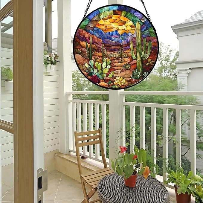 Stained Glass Window Hanging Cactus Mountains Landscape 7.8" - Suncatcher Door Garden Sunroom Sun Catcher Home Decor Birthday Christmas for Mom Men Woman Nana