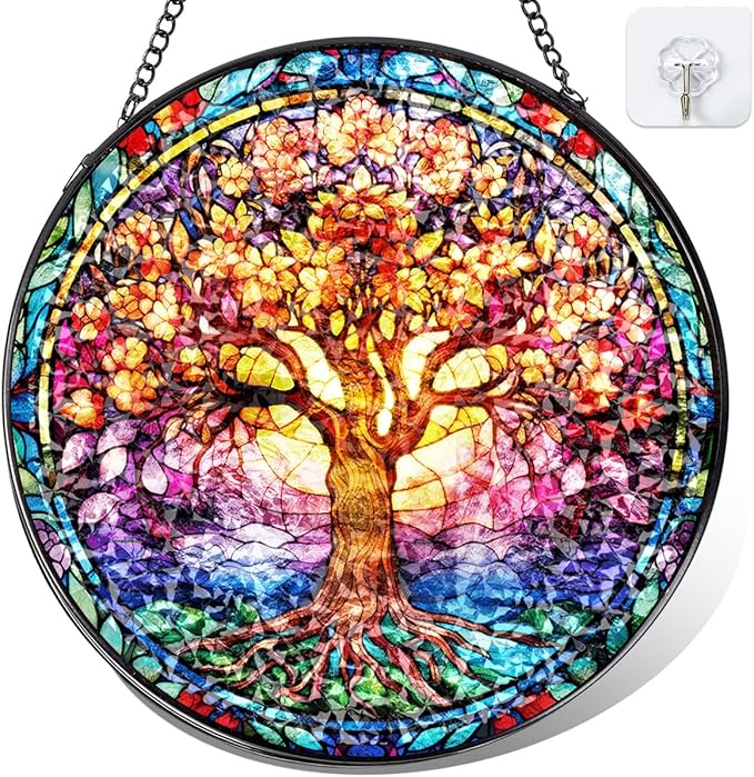 Tree of Life Stained Glass Suncatcher, Colorful Round Window Hanging with Metal Chain, Vibrant Boho Style Glass Sun Catcher Decor for Home Window or Wall