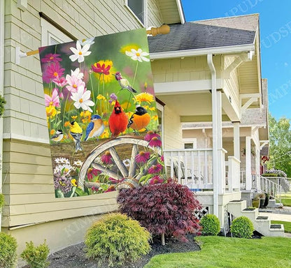 Spring Hummingbirds House Flag 28 x 40 Double Sided, Flower Birds Decorative Garden Flags for Anniversary Yard Outside Seasonal Decoration
