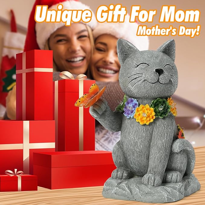Oneirion Solar Cat Garden Statue - 7 LED Lights with Flowers & Butterfly Yard Art, Lawn Porch Outdoor Decor, Gift for Mom, Grandma & Women