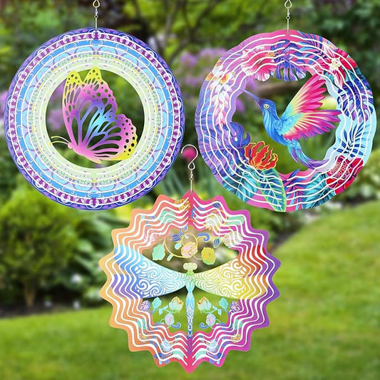 3 Pack Stainless Steel Wind Spinner Butterfly Dragonfly Hummingbird for Yard and Garden 12 Inch 3D Metal Wind Spinner Hanging Outdoor Porch Decor Art Kinetic Sculptures for Indoor Outdoor Decorations