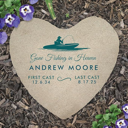 GiftsForYouNow Personalized Heart Fishing Memorial Garden Stone – Custom Engraved Outdoor Tribute with Boat Design, Name, and Dates for Remembrance