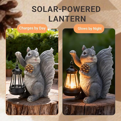 Solar Squirrel Garden Statue Outdoor Decor, Squirrel Sculpture with Lantern for Yard Lawn Patio Balcony, Birthday Housewarming Gifts for Mom, Grandma, Women, Resin, Grey