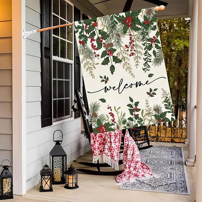 Baccessor Christmas House Flag 28x40 Inch Double Sided Poinsettia Holly Red Berries Floral Welcome Winter Lage Garden Flag Farmhouse Vintage Outside Outdoor Yard Holiday Decoration