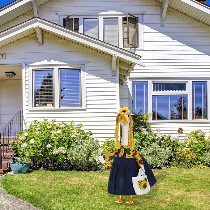 FuWeave Spring Sunflower Goose Outfit for 23'' Cement Statue Porch Goose Clothes Flower Dress and Straw Hat for Large Statue Summer Outdoor Garden Patio Yard Lawn Art Decoration