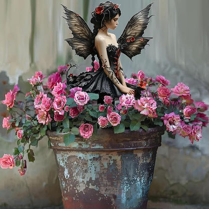 Flower Fairy Garden Stake Decor, 2D Flat Acrylic Elf Garden Sign with Stake, Fairy with Magic Sign for Indoor Outdoor Yard Lawn Balcony Pot Plants (Black Fairy)