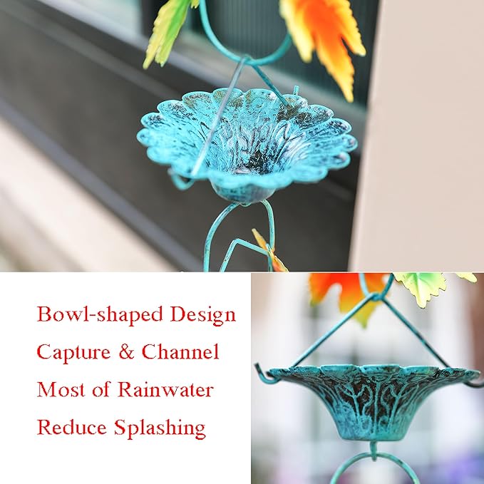 Fall Color Maple Leaf and Cup Rain Chains for Gutters, Rain Chains for Outside 8.5 Ft Decorative Rain Chain, Metal Rain Catcher Chain Outdoor Fall Decorations Harvest