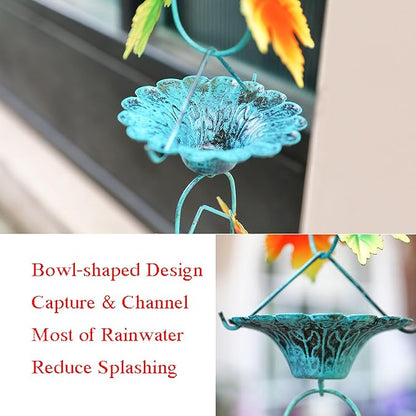 Fall Color Maple Leaf and Cup Rain Chains for Gutters, Rain Chains for Outside 8.5 Ft Decorative Rain Chain, Metal Rain Catcher Chain Outdoor Fall Decorations Harvest