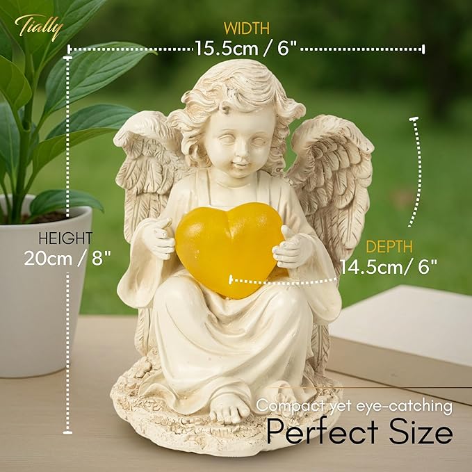 TIALLY Solar Garden Angel Statue – Praying Guardian Angel Statue Light for Outdoor Yard Decor, White Resin Garden Sculpture with Soft Glow for Angels Memorial or Cemetery Use