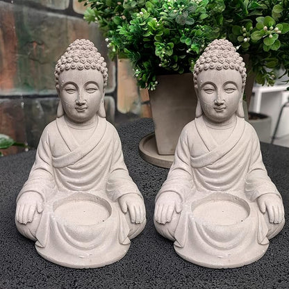 Kante 6.5" H Set of 2 Cement Composite Sitting Buddha Statues Ornament, Natural Concrete Indoor/Outdoor Tabletop Décor