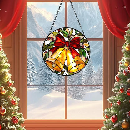 Golden Bell Stained Glass Suncather for Window Hanging, 6.3'' Christmas Ornament Gift for Women, Festive Wall Art Home Decoration Xmas Gift for Mom, Grandma (Golden Bell, 6.3'')