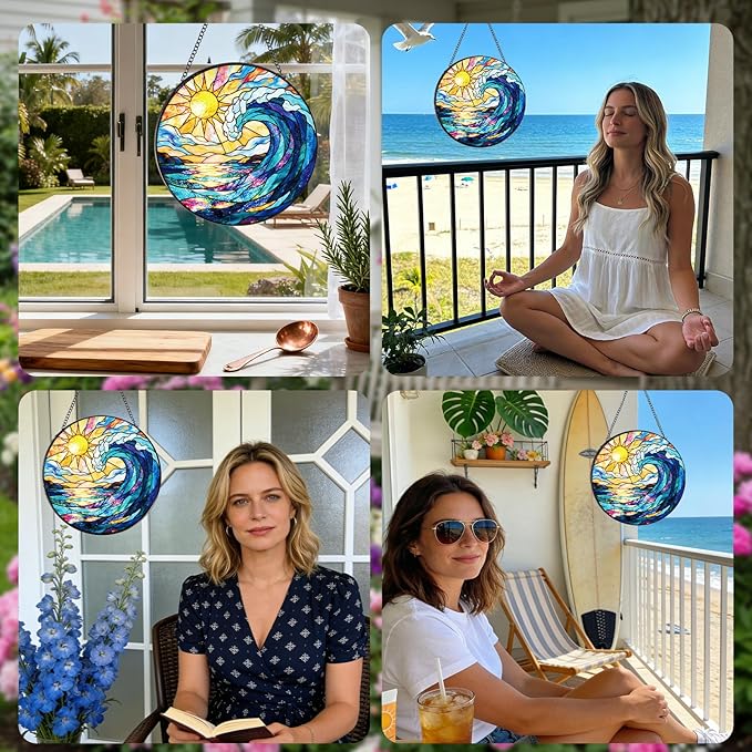 Rngmsi Stained Glass Window Hanging, 7.8″ Sea Sun Catchers with Hook Indoor Window Decor, Decorative Suncatchers Hanging Ornaments Home Garden Art Gift for Housewarming