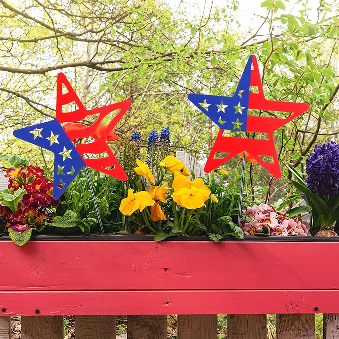 3 Pcs 4th of July Yard Signs Metal Patriotic Star Garden Stakes Red White Blue Lawn Decorations Outdoor American Patriotic Star Yard Decoration with Stake for Independence Memorial Day Lawn Decor