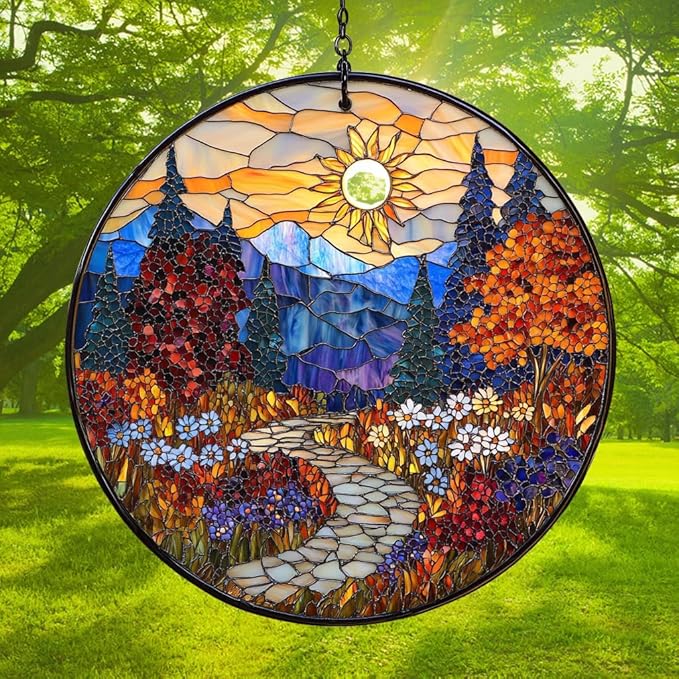 Moutain Range Acrylic Suncatcher Stained Glass Effect Window Car Hanging Christmas Ornament Indoor Outdoor Decor Garden Sun Catcher Panel for Scenery Lover for Women Mom Grandma