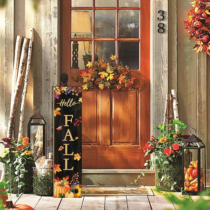 Hello Fall Porch Sign for Front Door, Autumn Wooden Welcome Sign with Maple Leaves Pumpkin for Front Porch Decorations, Fall Garden Decor Outdoor Hanging Signs Wall Sign 31.5"H