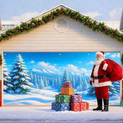 IVN Christmas Garage Door Cover Decoration 13x6ft Snow Covered Pine Trees Blue Mountain Forest Scene Merry Christmas Winter Garage Door Banner Home Door Front Yard Decor for Xmas Eve Holiday Outdoor