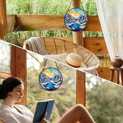Winter Wonderland Christmas Suncatcher Stained Glass Window Hanging Decorstions, Landscape Stained Glass Wall Decor, Winter Solstice Gifts, Forest Garden Sun Catchers Window Art, 7.9x7.9 Inch
