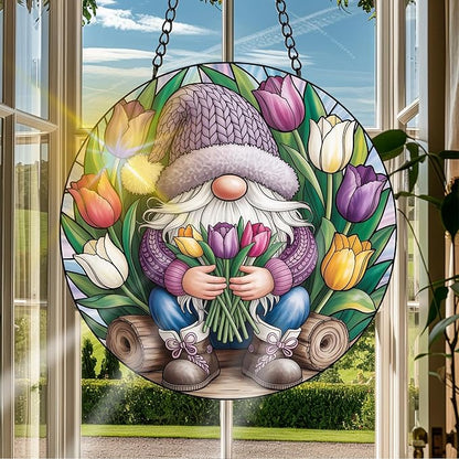 VAIIEYO Gnome Sun Catcher Stained Glass Window Hanging Ornament, Handmade Sun Catcher Spring Tulips Decoration with Hooks for Window Garden Home, Mother's Day & Birthday Housewarming Gift (7.8 inch)