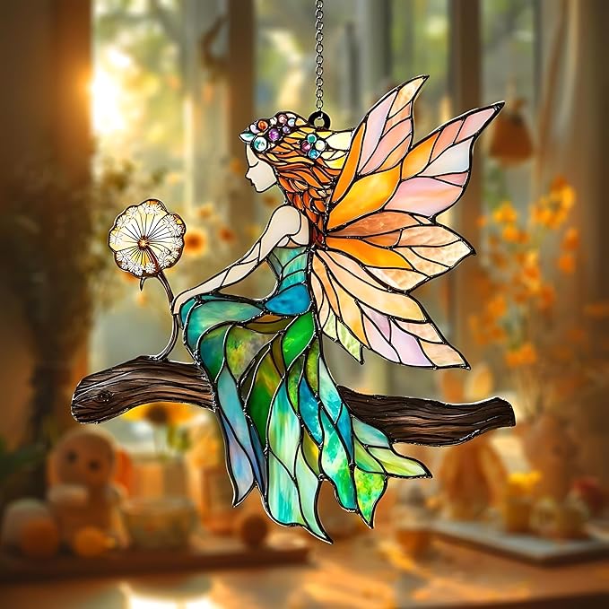 Fairy Dandelion Acrylic Suncatcher, Boho Suncatchers for Window Hangings, Stained Glass Effect Indoor Outdoor Garden Decor for Cottagecore Lover, Gifts for Mother's Day, Mom, Grandma, Wife, Women