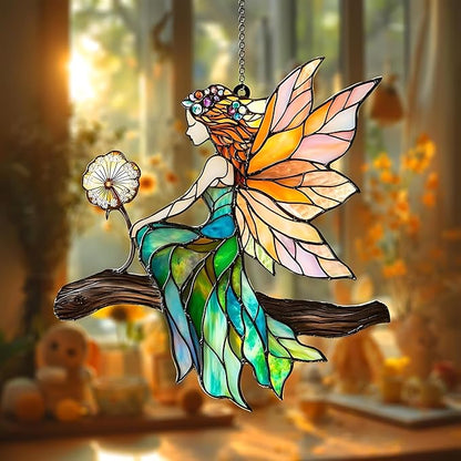 Fairy Dandelion Acrylic Suncatcher, Boho Suncatchers for Window Hangings, Stained Glass Effect Indoor Outdoor Garden Decor for Cottagecore Lover, Gifts for Mother's Day, Mom, Grandma, Wife, Women