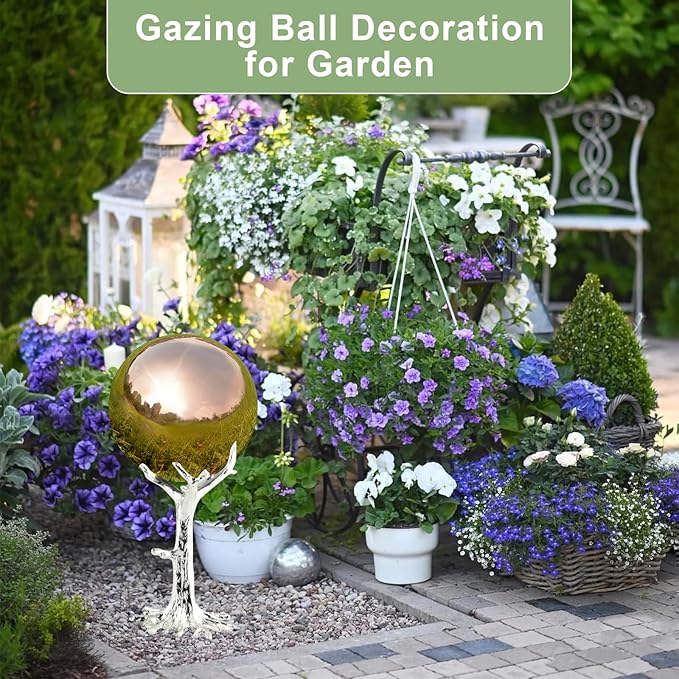 Nerien 8 Inch Gazing Ball, Stainless Steel Garden Mirror Globe, Polished Ornament Sphere, Hollow Floating Reflective Hemisphere, Home Outdoor Pond Housewarming Swimming Pool Decoration Gift, Rose Gold