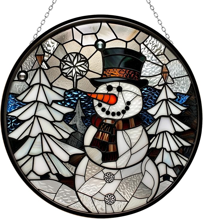 Geometric Snowman Christmas Stained Glass Suncatcher Window Hanging, Gothic Dragon Christmas Ornaments for Fiction Lovers, Dinosaur Room Decor for Nursery New Home Gifts