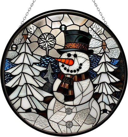 Geometric Snowman Christmas Suncatcher Stained Glass Window Hangings for Women Mom Red Birds Sun Catchers Colorful Ornament Bird Lovers Gift Gifts for Women Mom Wife