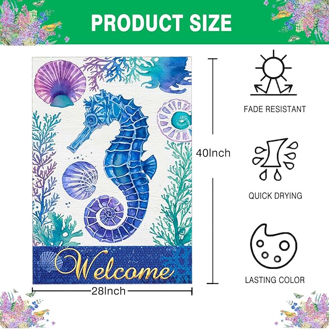 Seahorse Welcome Garden Flag 28x40 Inch Double Sided Outside, Summer Coastal Burlap Yard Flag Tropical Sea Holiday Seasonal Outdoor Decor