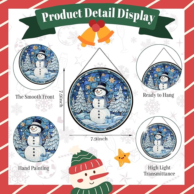 Christmas Snowman Stained Glass Window Hanging, 7.9" Snowman Sun Catcher Glass Panel with Chain, Xmas Snowmen Hand Painted Round Glass Gifts for Couples, Christmas Snowmen Housewarming Gift