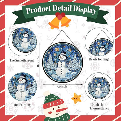 Christmas Snowman Stained Glass Window Hanging, 7.9" Snowman Sun Catcher Glass Panel with Chain, Xmas Snowmen Hand Painted Round Glass Gifts for Couples, Christmas Snowmen Housewarming Gift