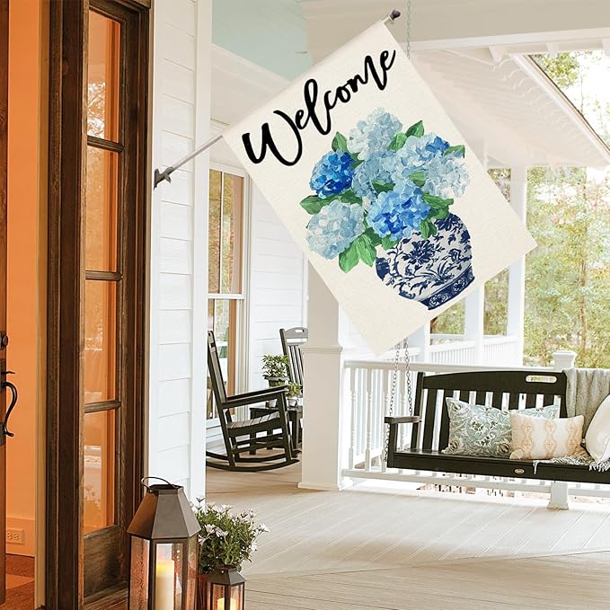 AVOIN colorlife Spring Hydrangea Floral Welcome House Flag 28x40 Inch Double Sided Outside, Blue and White Chinoiserie Seasonal Yard Outdoor Flag